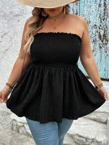SHEIN CURVE+ 加大码纯色裹胸式夏季波西米亚风抹胸上衣，加大曲线，波西米亚风度假 - 黑色 - 查看 8
