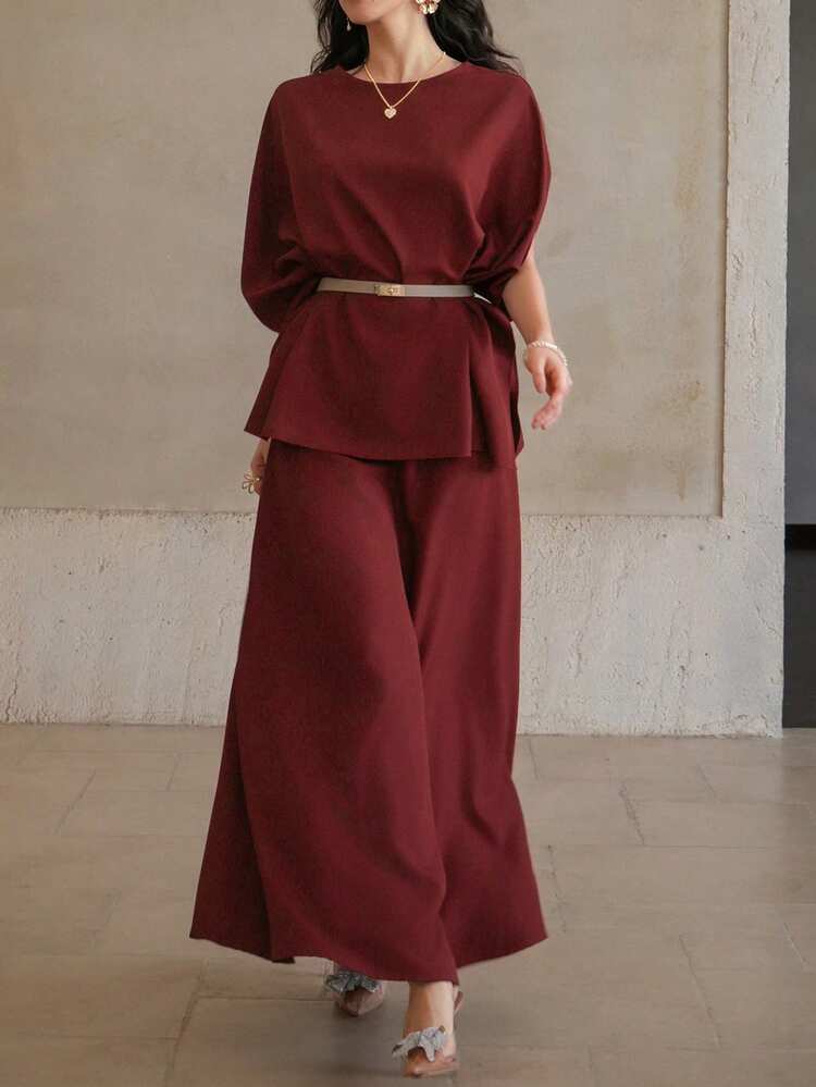 Women's 2pcs Set Shirt & Skirt Outfit, Summer, Tie Waist Decor, Solid Color Round Neck, Middle Eastern Elegant Style, For Outdoor, Concert, Ladies Summer Clothing