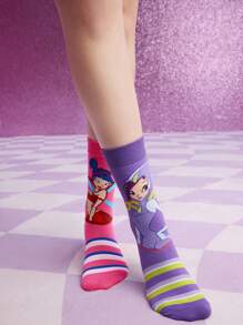 The Winx X SHEIN 3 paia di calze a mezza gamba da donna con motivi asimmetrici a cartoni animati, calze a righe magiche morbide e traspiranti con punta e tallone rinforzati, versatili per tutte le stagioni