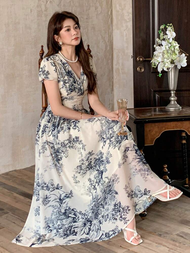 Women's Long Floral Print Dress, Suitable For Spring/Summer Vacation Outfits Women Dress Boho