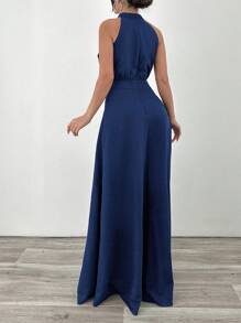 EURMUSE Halterneck Detailed Fish Form Long Dress - Navy Blue - View 2