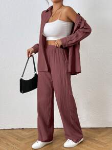 SHEIN PETITE 女式两件套纯色长袖衬衫和裤子 - 紅木色 - 查看 4