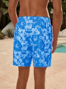 Manfinity Swimmode Men's Floral Print Drawstring Waist Beach Shorts, Hawaiian - Blue - View 2