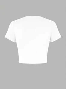 Women Plus Size Casual Summer Slogan Print Cropped Tight T-Shirt, Sexy Top - White - View 2