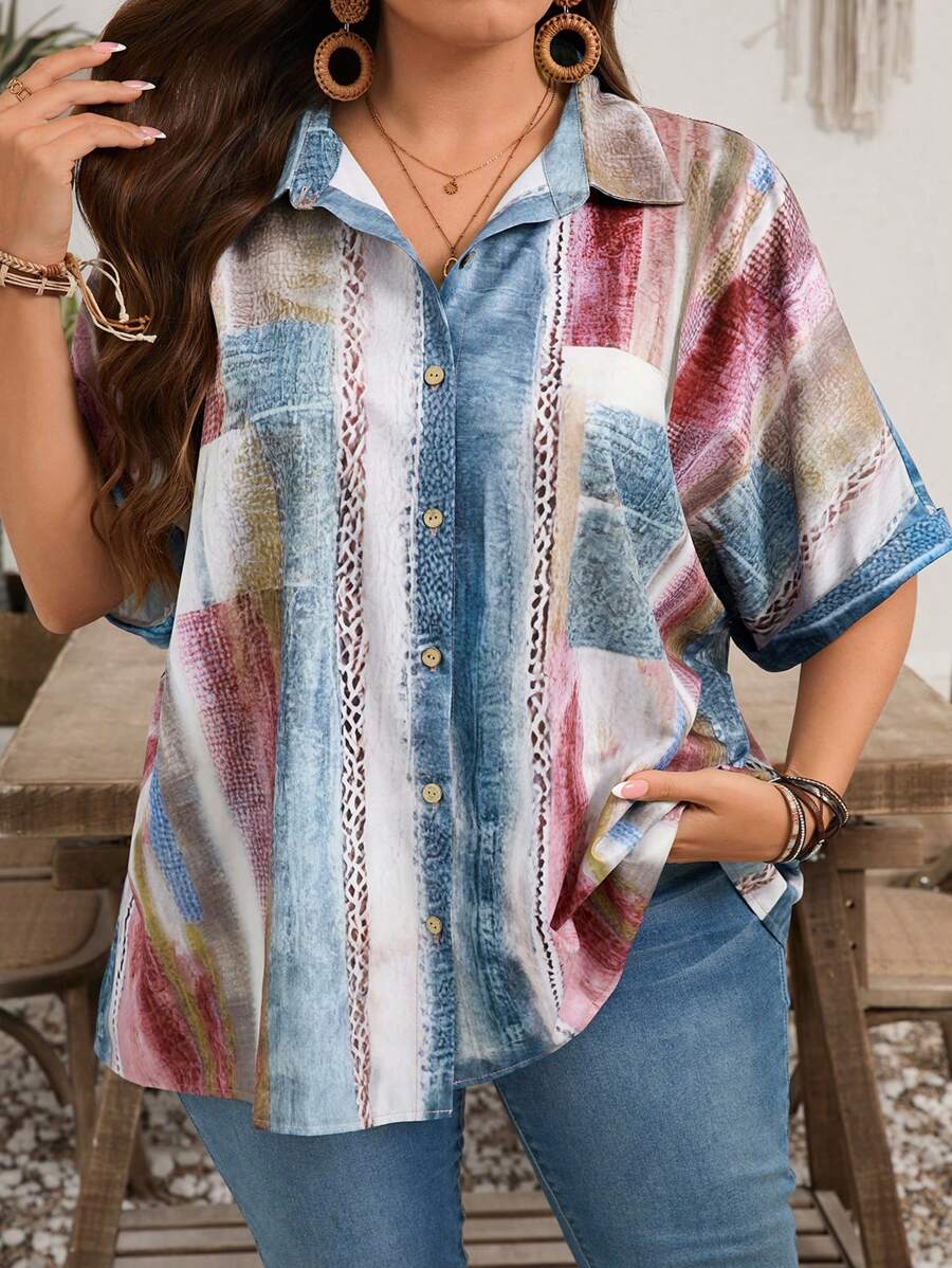 EMERY ROSE Plus Size Tie-Dye Print Batwing Sleeve Casual Vacation Loose Fit Tunic Blouse,Summer Holiday,Vacation Outfits Women,Simple And Fashionable For Everyday Wear,Gifts For Mother,Vacay Vibes,Springbreak,Casual Wear SS,Bohemia - Multicolor - View 1