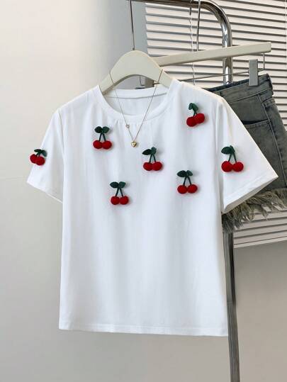 Franclia Maglietta da donna con decorazione 3D a ciliegie, adatta per il ritorno a scuola