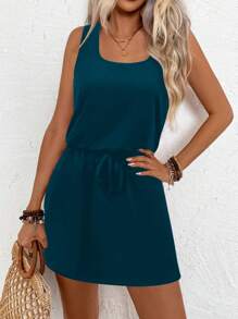 SHEIN LUNE LUNE Sleeveless Solid Color Tie Waist Women Dress - Dark Wash - View 1