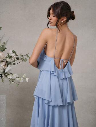 L'Amorae Elegant Romantic Wedding Guest Solid Halter Tiered Chiffon Maxi Dress