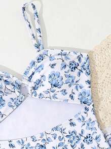 SHEIN 2 Stücke/Set Teenager Mädchen Blumen Muster Bikini & Pareo Rock, Sommer Strand/Urlaub - Blau-Weiß - Übersicht 4