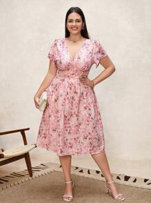 SHEIN Clasi Plus Size Pink Floral Boho Dress: Knee-Length, V-Neck, Half Sleeve Wrap Dress In Woven Fabric