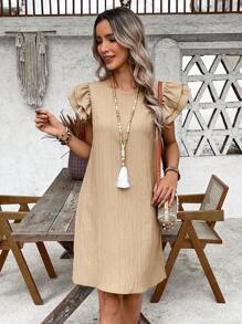 EMERY ROSE Women's Solid Color Ruffle Sleeve Round Neck Casual Loose Mid-Length Dress