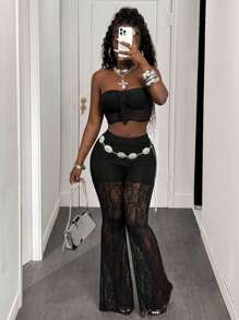 Slaydiva 2025 Summer New Sexy And Elegant Street Style Black High Waist Flared Lace Women's Trousers, Music Festival, Daily Outing, Friends Gathering, Graduation Party, Vacation, Boho, Birthday Party, Lace Fabric, Sexy Hot Girl New Years - Black - View 5