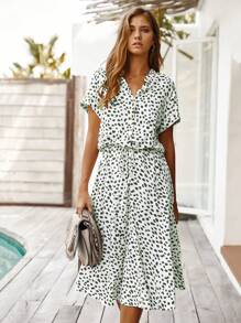 EMERY ROSE 女式全印花纽扣装饰 V 领收腰短袖连衣裙 - 軍綠色 - 查看 4