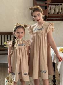 SHEIN LMoss Kids Tween Girl Woven Plain Embroidered Ruffle Trim Fitted Casual Dress - Apricot - View 1