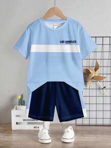 2pcs/Set Boys' Casual Colorblock Pattern Round Neck Short Sleeve Shorts Set, Suitable For Summer - Multicolor - View 2