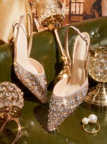 CUCCOO TILAWA 尖头高跟水钻香槟色闪光性感派对婚鞋，细高跟香槟色女式浅口鞋，露背女式一脚蹬高跟鞋 - 香檳色 - 查看 1