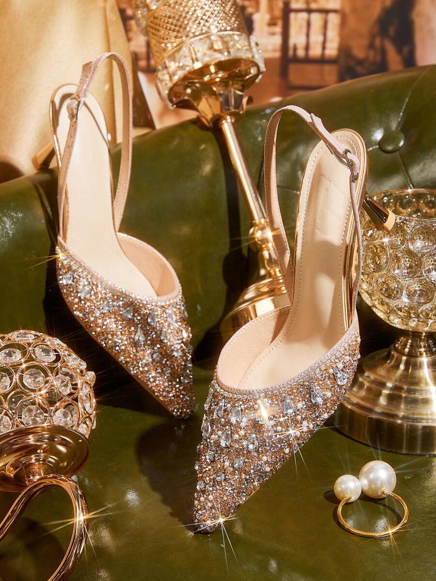 CUCCOO TILAWA 尖头高跟水钻香槟色闪光性感派对婚鞋，细高跟香槟色女式浅口鞋，露背女式一脚蹬高跟鞋 - 香檳色 - 查看 1