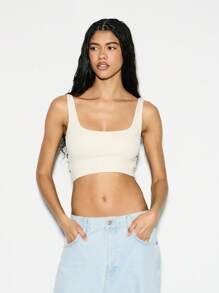 KIZN Áo crop top cổ vuông cổ điển thiết yếu cho mùa hè, co giãn, vừa vặn, tập luyện thể thao, không tay, tập yoga, áo ba lỗ thể thao hai lớp - Màu be - Xem 6