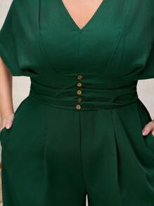 SHEIN Clasi Plus Size Women's V-Neck Cinched Waist Linen- Jumpsuit,Dark Green,Summer,Curve,Elegant,Cocktail,Easter,Festival,Derby,Graduation,Church Outfits - Green - View 6