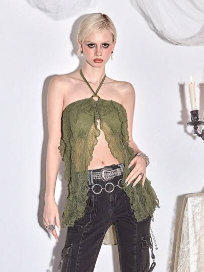 Fairycore Top da donna in tulle asimmetrico con collo alla halter e pizzo