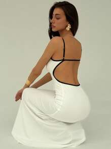 Aloruh 优雅性感黑白撞色修身露背镂空高开叉女式连衣裙