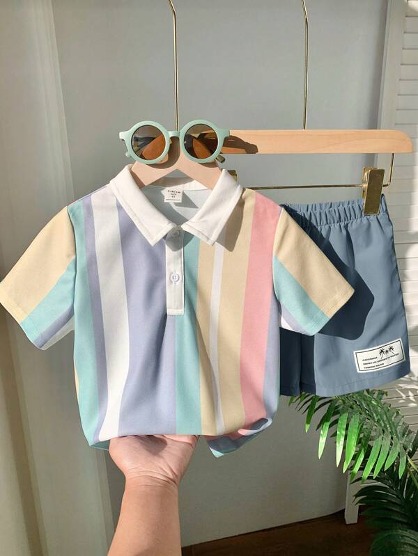 2pcs/Set Young Boy Casual College Style Comfortable Fashion Simple Versatile Soft Loose Korean Style Striped Color Block Polo Shirt & Green Shorts Set, Suitable For Daily, School, Holiday, Party Wear In Spring/Summer