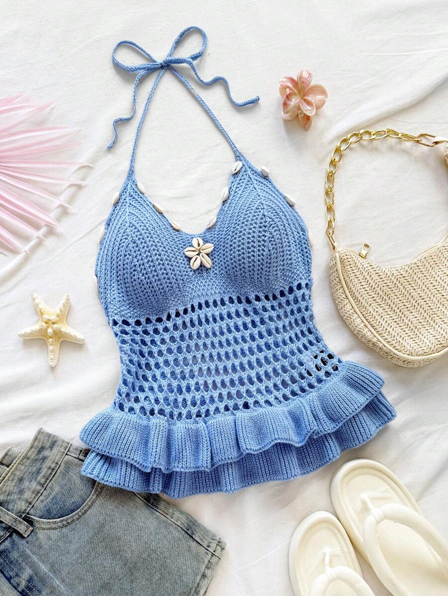 Soleia Women Solid Color Hollow Ruffled Hem Halter Knit Top Suitable For Dates Afternoon Tea Vacations Music Festivals Bohemian Style - Blue - View 1