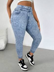 SHEIN EZwear Plus Size Blue Stretch Skinny Jeans, Winter High Waisted Summer Vacation Cowgirl Western Festival Y2k Cowboy Streetwear Gyaru 2000s Jeans - Blue - View 6