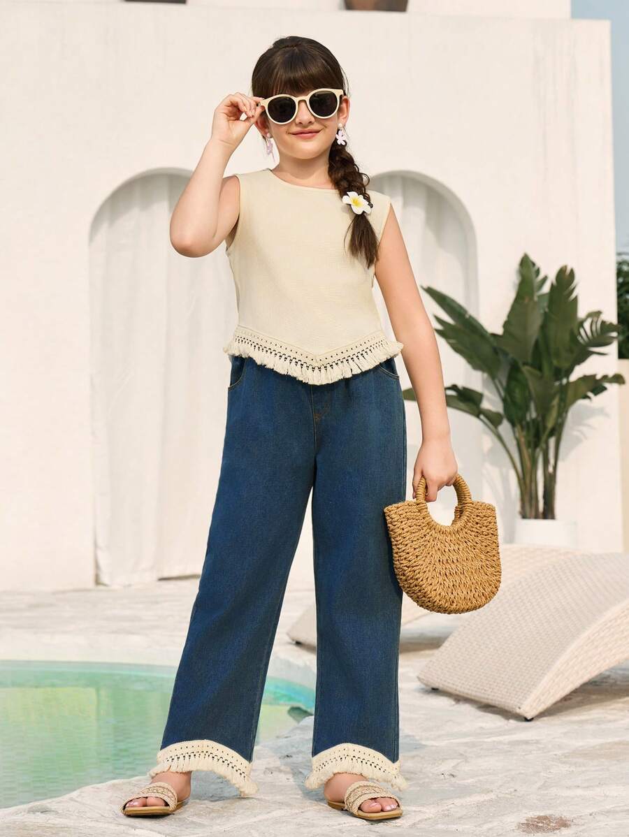 Tween Girl Textured Fabric Round Neck Sleeveless Tank Top & V-Neck Distressed Hem Pants 2 Pieces Set - Apricot - View 1