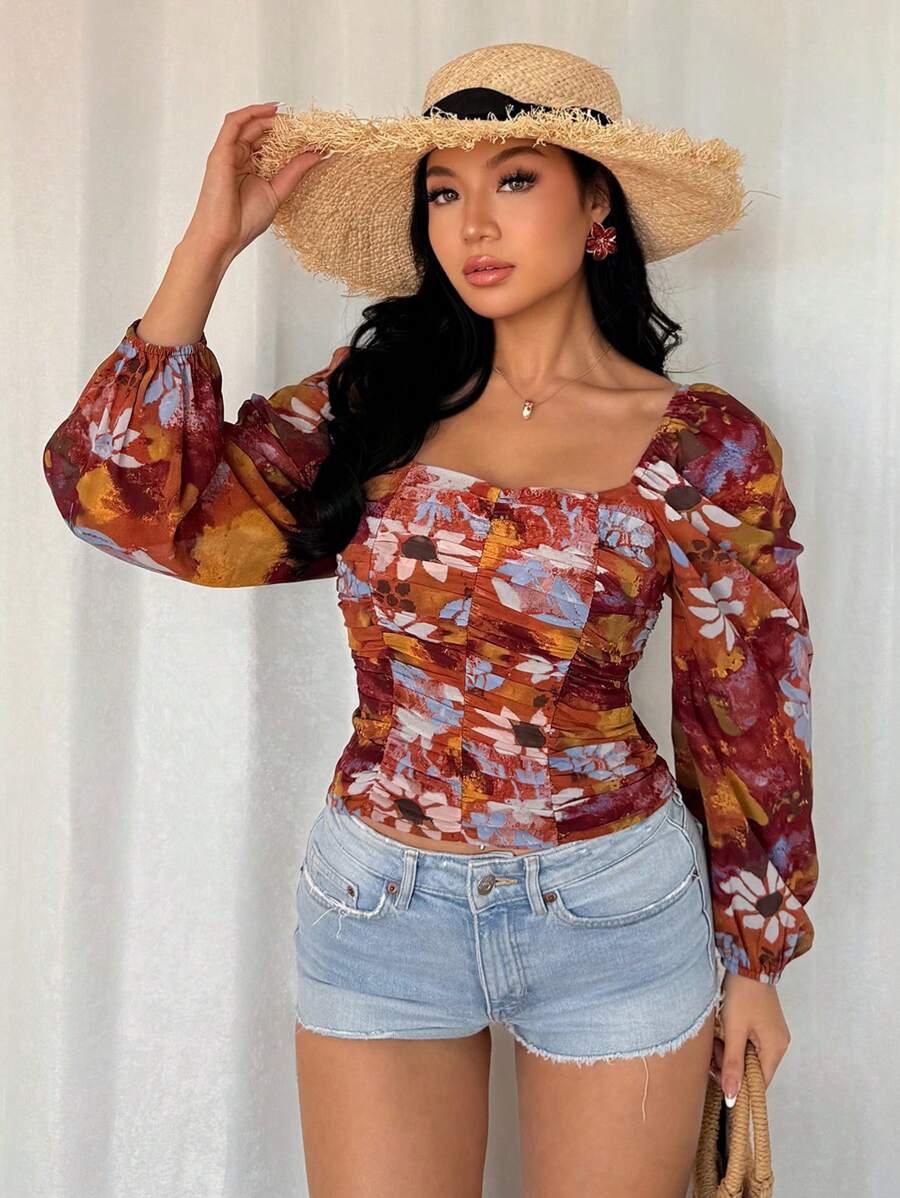 DAZY 女士印花立领弹力修身长袖衬衫,绿色,春夏秋季长袖波西米亚风度假装 - 橘色 - 查看 1
