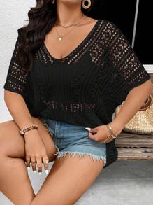 SHEIN Frenchy Plus Size Casual Simple Resort Versatile Women's Pullover Crochet Top, White, Suitable For Casual Vacation