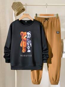 SHEIN 2pcs Teen Boys Casual Loose Comfortable Versatile Robot Bear Graphic Crew Neck Sweatshirt And Elastic Cuff Pants Set, Fleece, Thickened - Black - View 5