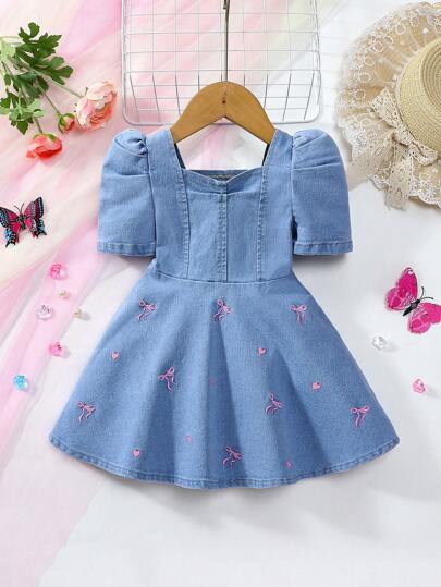 Denimly Baby Girls Casual Urban Light Wash Denim Dress With Pink Butterfly & Heart Puff Sleeves