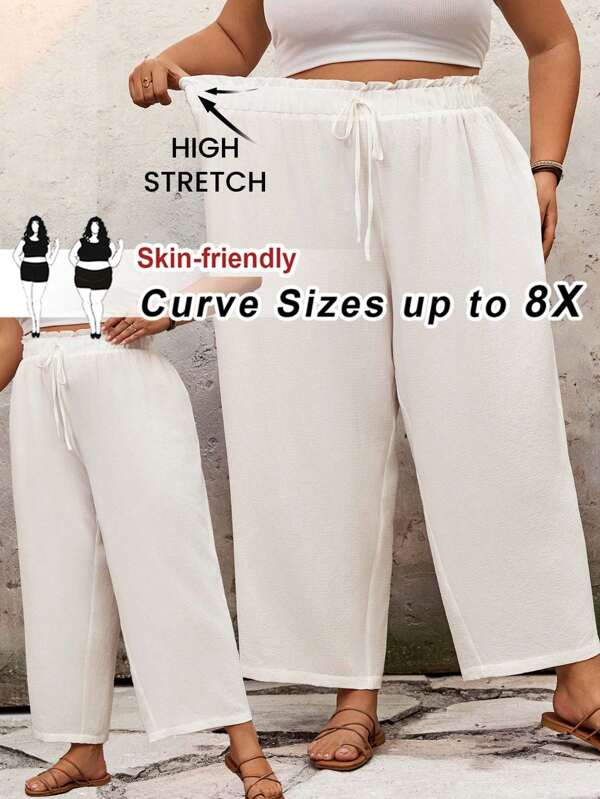 SHEIN CURVE+ Plus Size Women's High Waist Loose Flared Leg Solid Color Ruffle Summer Pants,Curve Plus ,Hoho Vacation