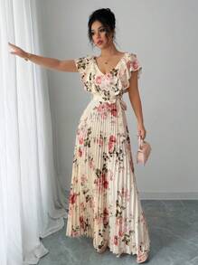 Elenzga V-Ausschnitt Digitaldruck Blumen Urlaubs Volant Taille A-Linie elegantes romantisches Damenkleid