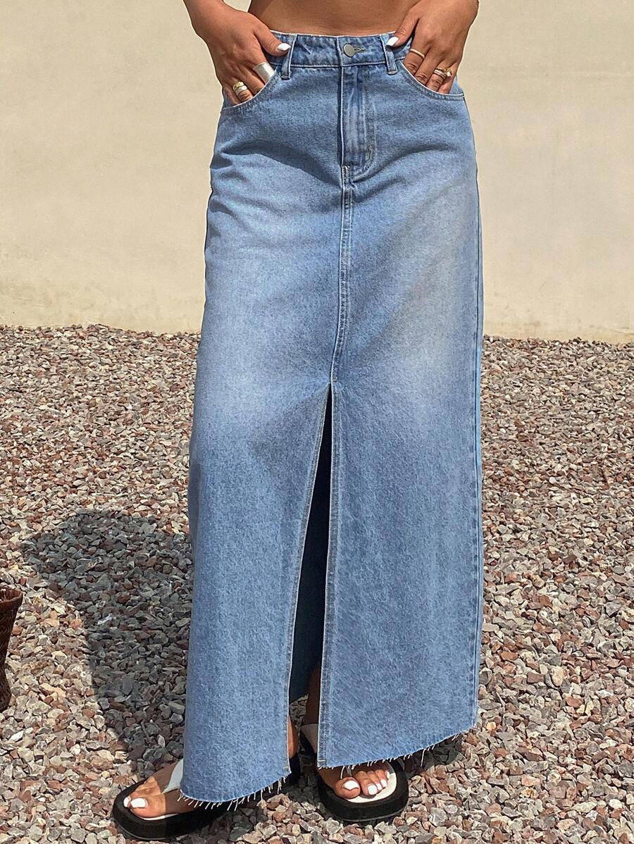 Livesso 夏季新款音乐节宽松休闲海滩度假风女式半身裙牛仔裙 - 藍色 - 查看 1