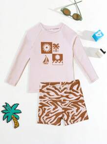 2pcs/Set Boys Fashion Casual Swimwear, Striped Swim Trunks + Solid Color Top, Suitable For Swimming, Beach, Vacation Young Boys 2 Pieces Young Boys Suit Set Young Sets Two Pieces Sets For Kids Two Pieces Set For Kids - Apricot - View 3