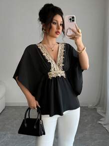 Elenzga Women's Blouse - Random Floral Print, Solid Color, Fashion For Summer - Black - View 3