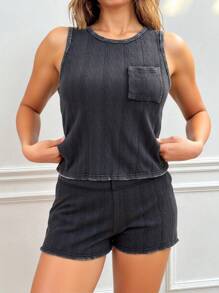 SHEIN EZwear 2件套加大码无袖上衣和短裤 - 黑色 - 查看 4