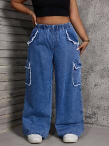 SHEIN SXY Plus Size Women Distressed Pocket Decoration Straight Leg Baggy Jeans Summer For Women Festival