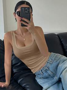 DAZY Women Plain Color Camisole Tank Tops, Fashion Summer Wear - Apricot - View 5