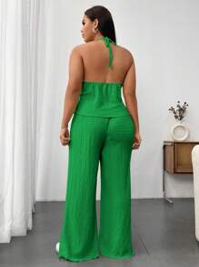 SHEIN MOOSTA Plus Size Women Summer Casual Solid Color Textured Spaghetti Strap Top & Pants 2pc Set - Green - View 2
