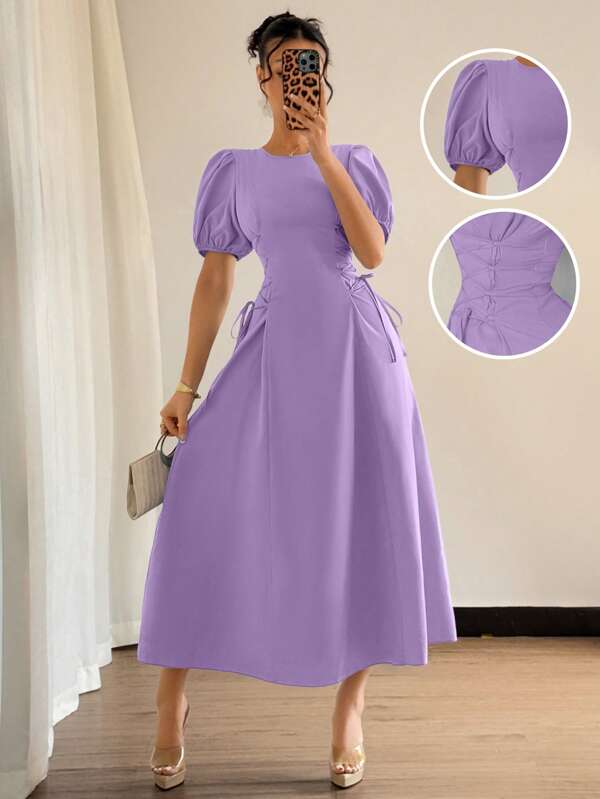Elenzga 2025 Summer French Blue Puff Sleeve Ruched Tie-Up Fitted Slim Elegant Dress