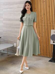 DAZY Women's 2pcs Set Elegant Solid Color Round Collar Blouse & Skirt, Spring/Summer - Green - View 5