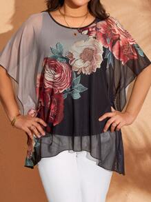 EMERY ROSE Maglietta casual larga con maniche a pipistrello e stampa floreale, taglie forti per donna