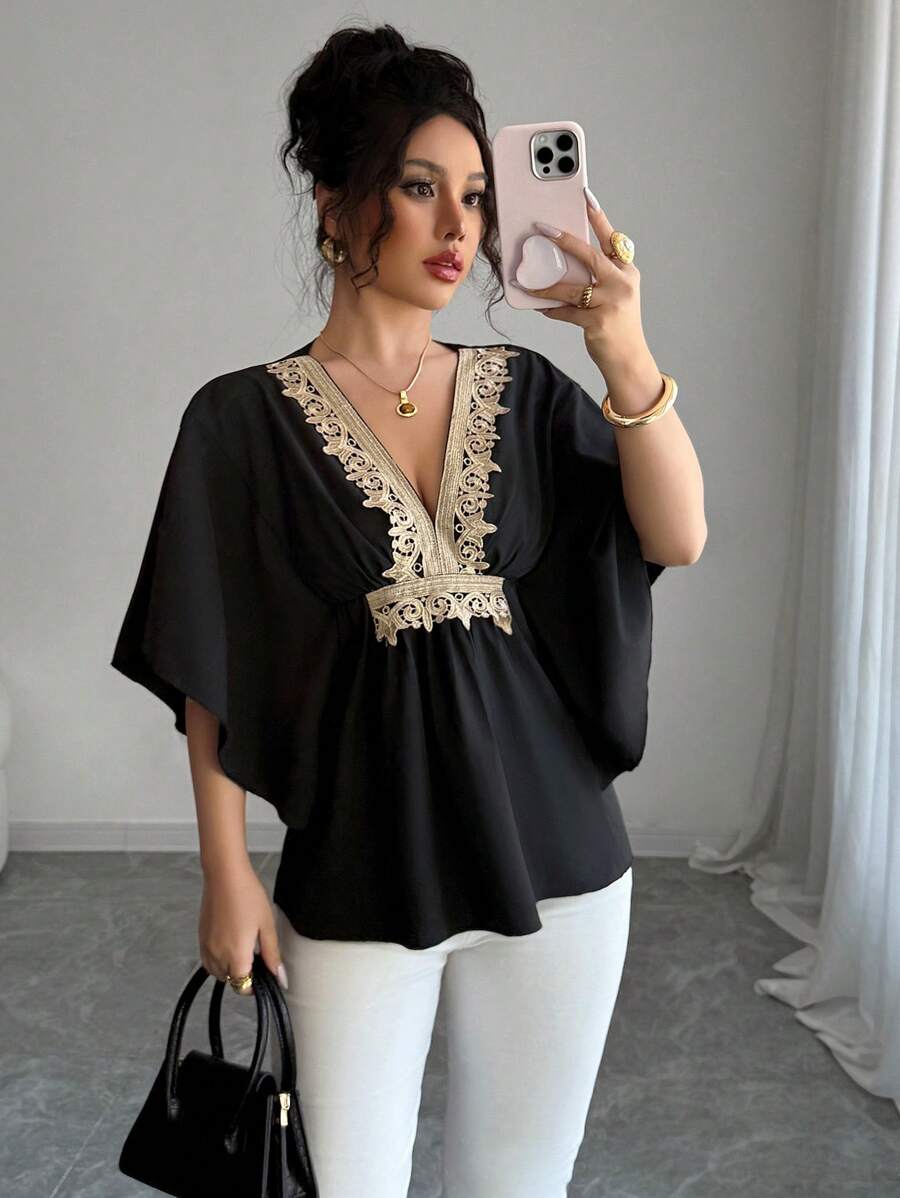 Elenzga Women's Blouse - Random Floral Print, Solid Color, Fashion For Summer - Black - View 1