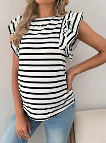 SHEIN Camiseta holgada y casual de manga corta y cuello redondo a rayas para embarazadas