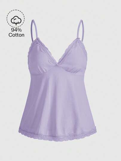 Fairycore Canottiera semplice estiva con bordo in pizzo di colore unito