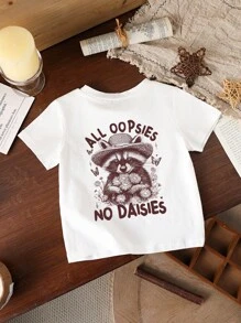 Baby Girl' Casual Cute Raccoon & Letter "CUTE BUT FERAL" Print Short Sleeve T-Shirt, Spring/Summer - White - View 2