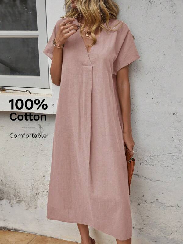 SHEIN LUNE Sukienka swobodna z krótkim rękawem w jednolitym kolorze, prosta i modna do noszenia na co dzień